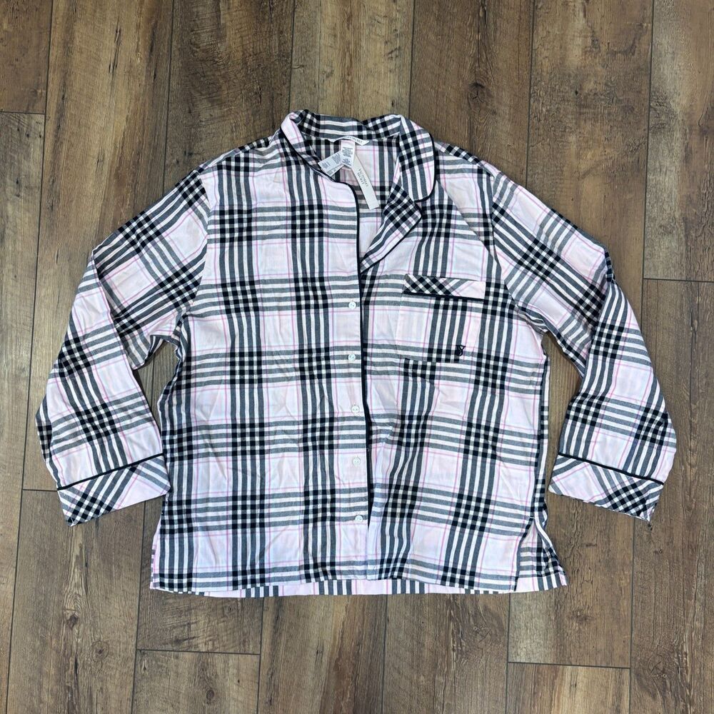 NWT Victoria's Secret Plaid Pajama Shirt Button Up Long Sleeve Pink Black Sz L